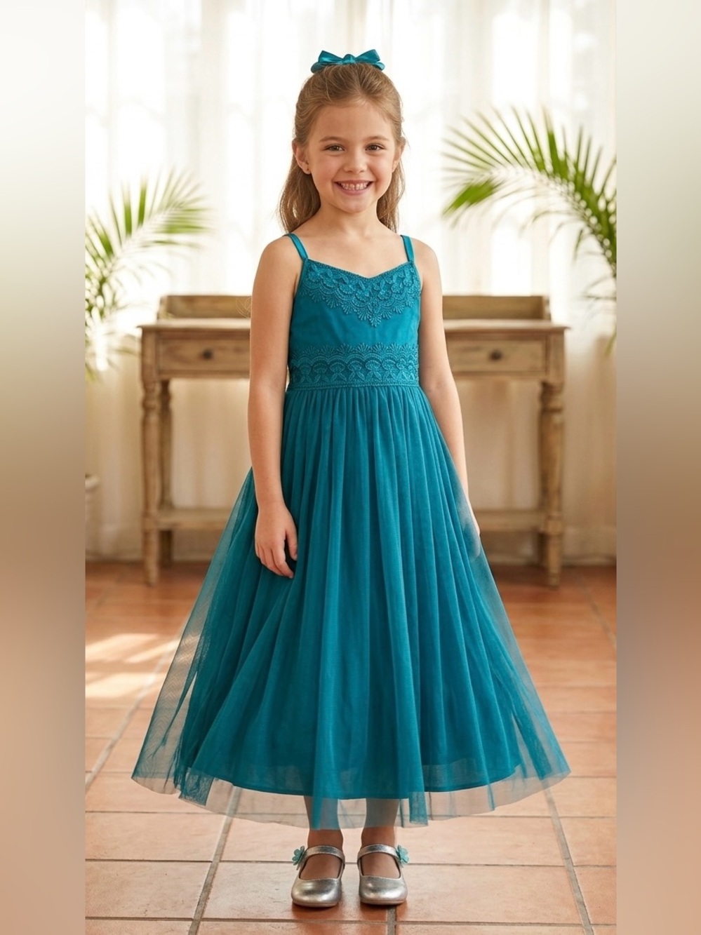 Zhenzi Teal Lace Bodice Tulle Dress for Girls